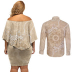Beige Australia Lizard With Aboriginal Art Couples Matching Off Shoulder Short Dress and Long Sleeve Button Shirt