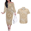Beige Australia Lizard With Aboriginal Art Couples Matching Off The Shoulder Long Sleeve Dress and Hawaiian Shirt