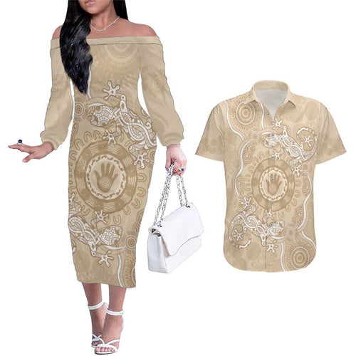 Beige Australia Lizard With Aboriginal Art Couples Matching Off The Shoulder Long Sleeve Dress and Hawaiian Shirt