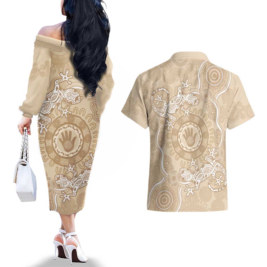 Beige Australia Lizard With Aboriginal Art Couples Matching Off The Shoulder Long Sleeve Dress and Hawaiian Shirt