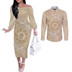 Beige Australia Lizard With Aboriginal Art Couples Matching Off The Shoulder Long Sleeve Dress and Long Sleeve Button Shirt