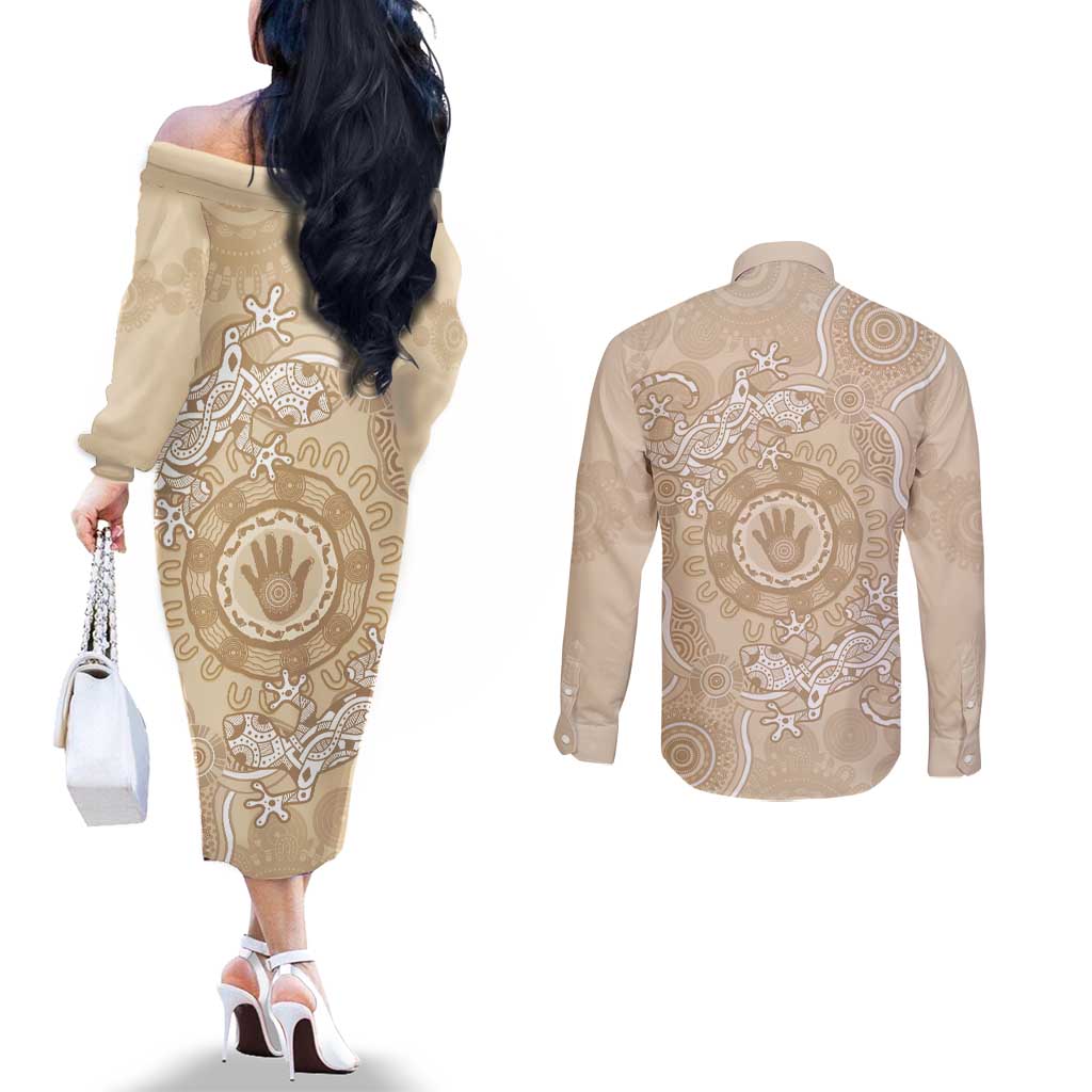Beige Australia Lizard With Aboriginal Art Couples Matching Off The Shoulder Long Sleeve Dress and Long Sleeve Button Shirt