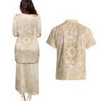 Beige Australia Lizard With Aboriginal Art Couples Matching Puletasi and Hawaiian Shirt