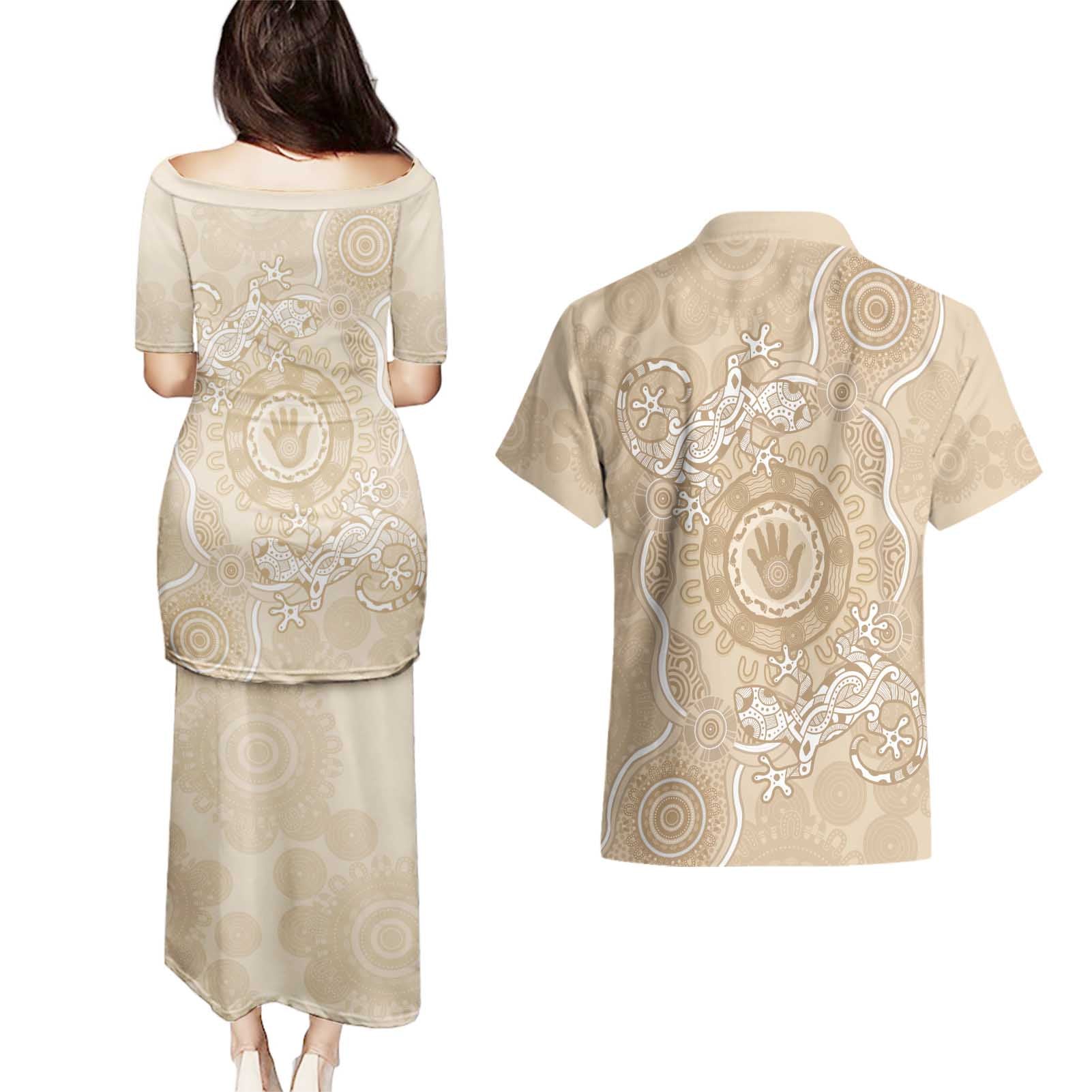 Beige Australia Lizard With Aboriginal Art Couples Matching Puletasi and Hawaiian Shirt