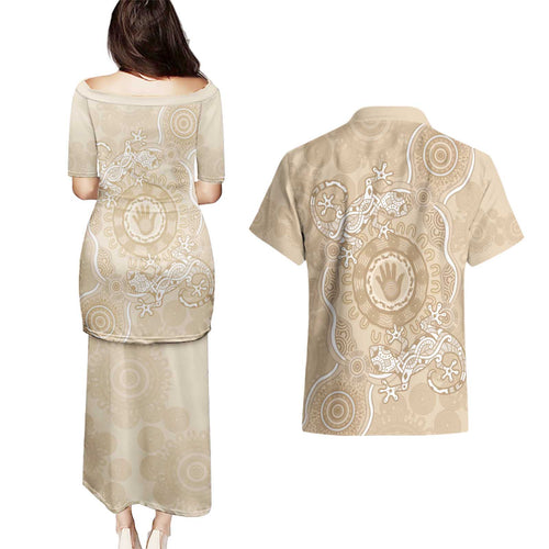 Beige Australia Lizard With Aboriginal Art Couples Matching Puletasi and Hawaiian Shirt