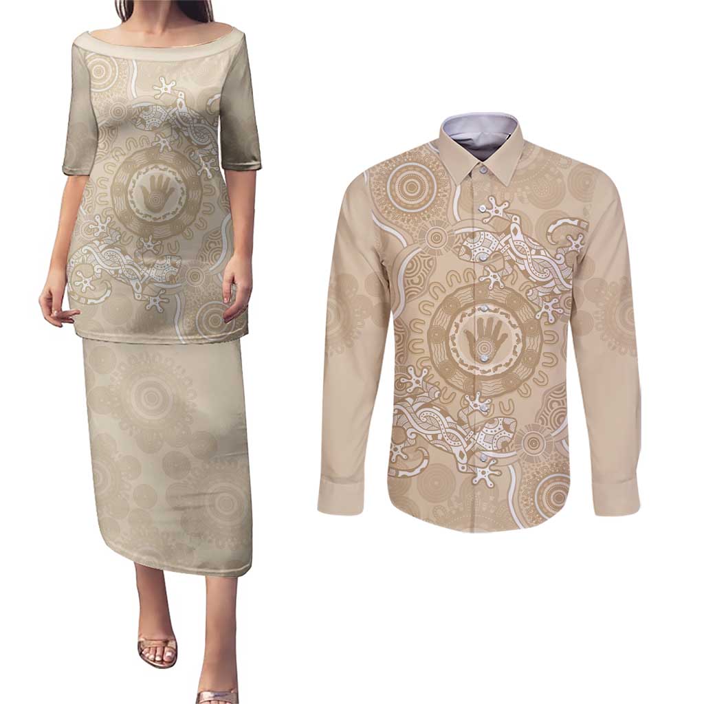 Beige Australia Lizard With Aboriginal Art Couples Matching Puletasi and Long Sleeve Button Shirt