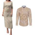Beige Australia Lizard With Aboriginal Art Couples Matching Puletasi and Long Sleeve Button Shirt