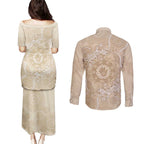 Beige Australia Lizard With Aboriginal Art Couples Matching Puletasi and Long Sleeve Button Shirt