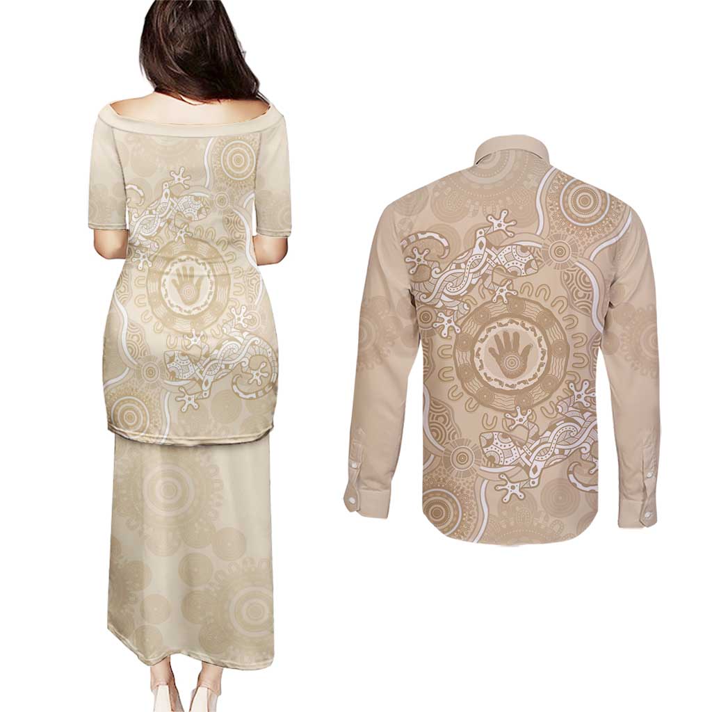 Beige Australia Lizard With Aboriginal Art Couples Matching Puletasi and Long Sleeve Button Shirt
