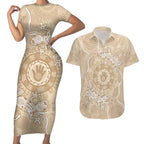 Beige Australia Lizard With Aboriginal Art Couples Matching Short Sleeve Bodycon Dress and Hawaiian Shirt