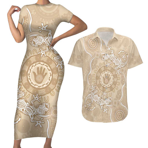 Beige Australia Lizard With Aboriginal Art Couples Matching Short Sleeve Bodycon Dress and Hawaiian Shirt