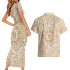 Beige Australia Lizard With Aboriginal Art Couples Matching Short Sleeve Bodycon Dress and Hawaiian Shirt