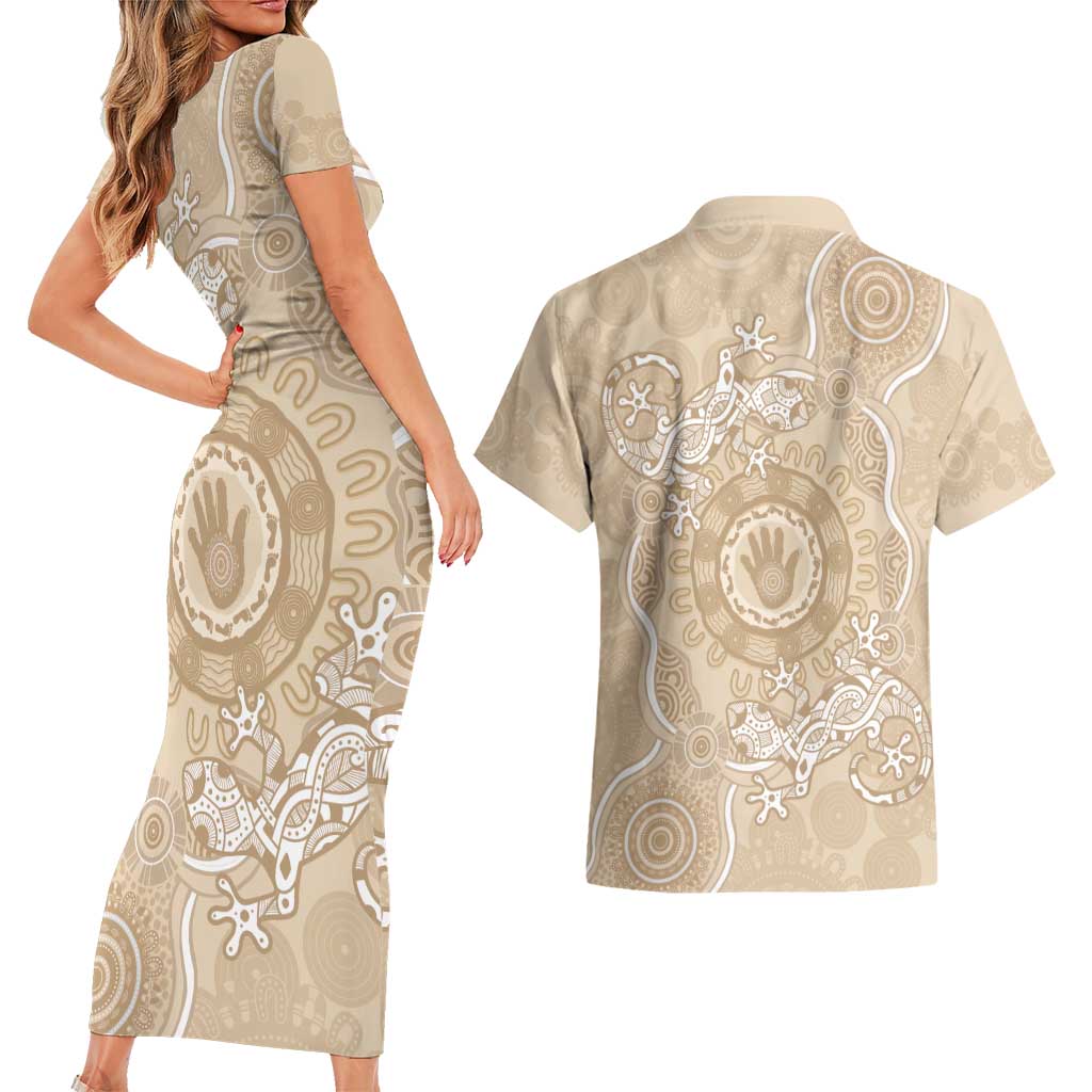 Beige Australia Lizard With Aboriginal Art Couples Matching Short Sleeve Bodycon Dress and Hawaiian Shirt