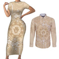 Beige Australia Lizard With Aboriginal Art Couples Matching Short Sleeve Bodycon Dress and Long Sleeve Button Shirt