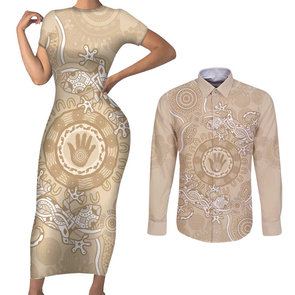 Beige Australia Lizard With Aboriginal Art Couples Matching Short Sleeve Bodycon Dress and Long Sleeve Button Shirt