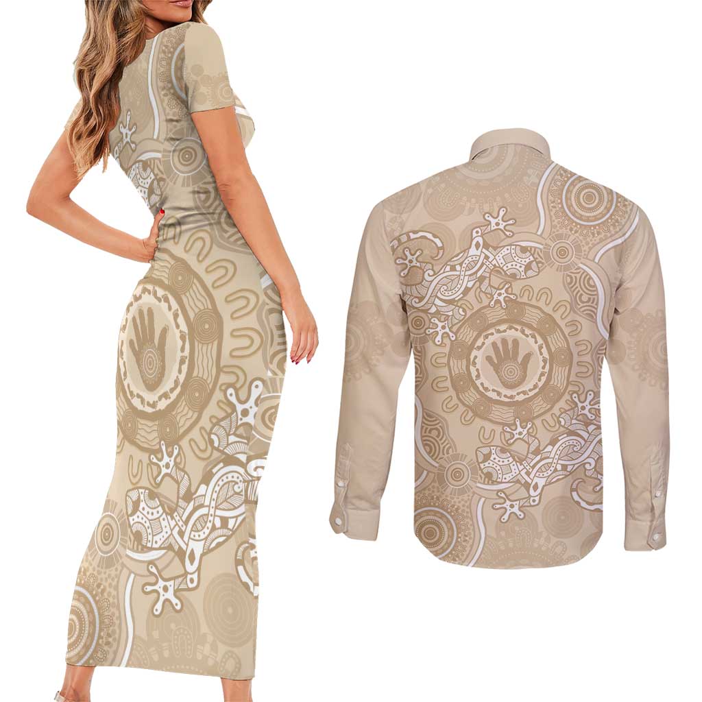 Beige Australia Lizard With Aboriginal Art Couples Matching Short Sleeve Bodycon Dress and Long Sleeve Button Shirt