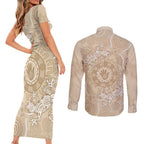 Beige Australia Lizard With Aboriginal Art Couples Matching Short Sleeve Bodycon Dress and Long Sleeve Button Shirt