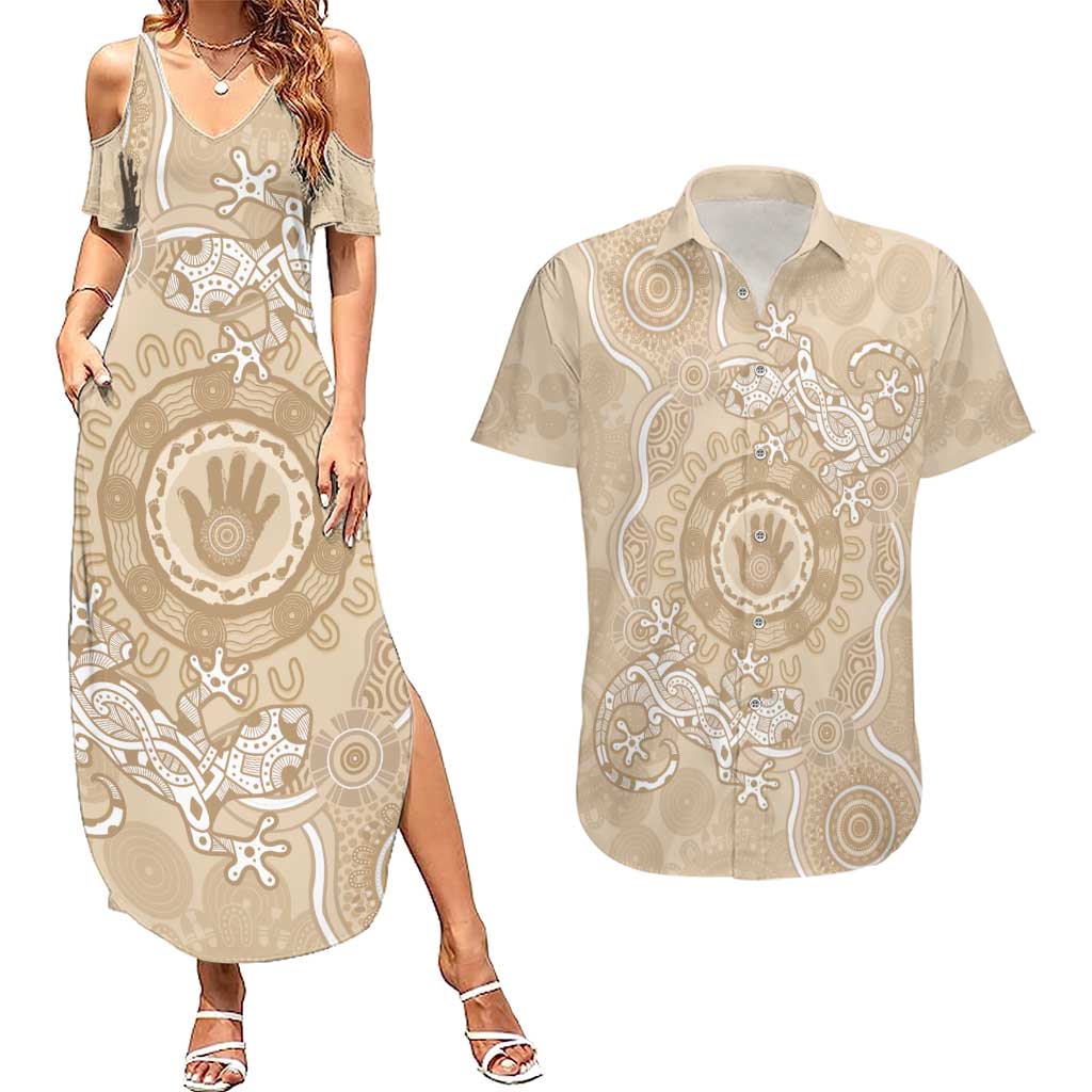 Beige Australia Lizard With Aboriginal Art Couples Matching Summer Maxi Dress and Hawaiian Shirt