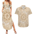 Beige Australia Lizard With Aboriginal Art Couples Matching Summer Maxi Dress and Hawaiian Shirt