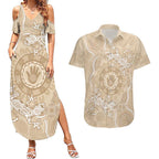 Beige Australia Lizard With Aboriginal Art Couples Matching Summer Maxi Dress and Hawaiian Shirt