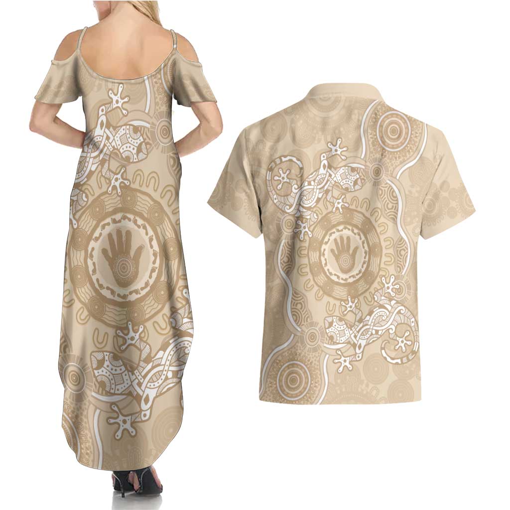 Beige Australia Lizard With Aboriginal Art Couples Matching Summer Maxi Dress and Hawaiian Shirt