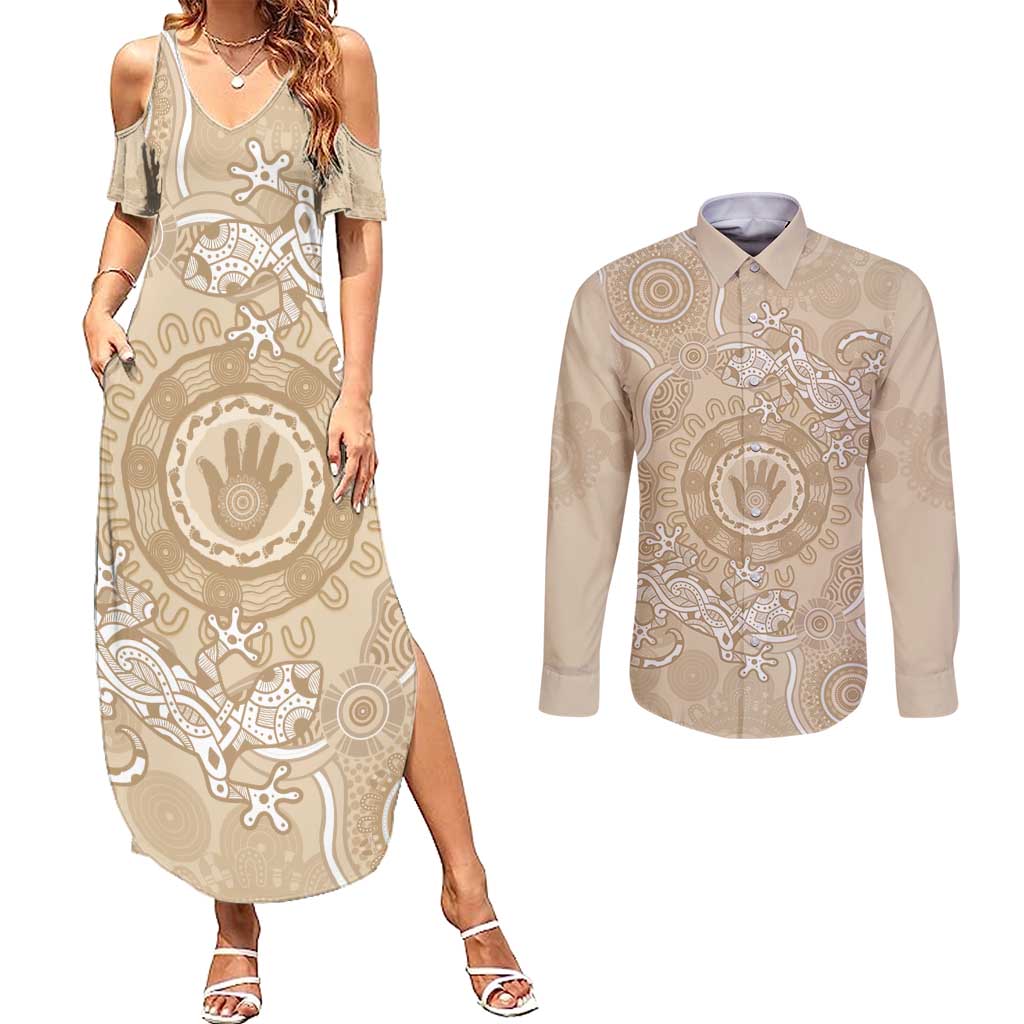 Beige Australia Lizard With Aboriginal Art Couples Matching Summer Maxi Dress and Long Sleeve Button Shirt