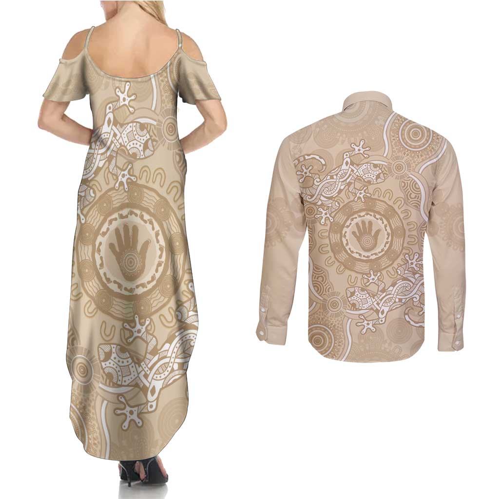 Beige Australia Lizard With Aboriginal Art Couples Matching Summer Maxi Dress and Long Sleeve Button Shirt