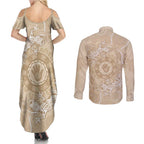 Beige Australia Lizard With Aboriginal Art Couples Matching Summer Maxi Dress and Long Sleeve Button Shirt