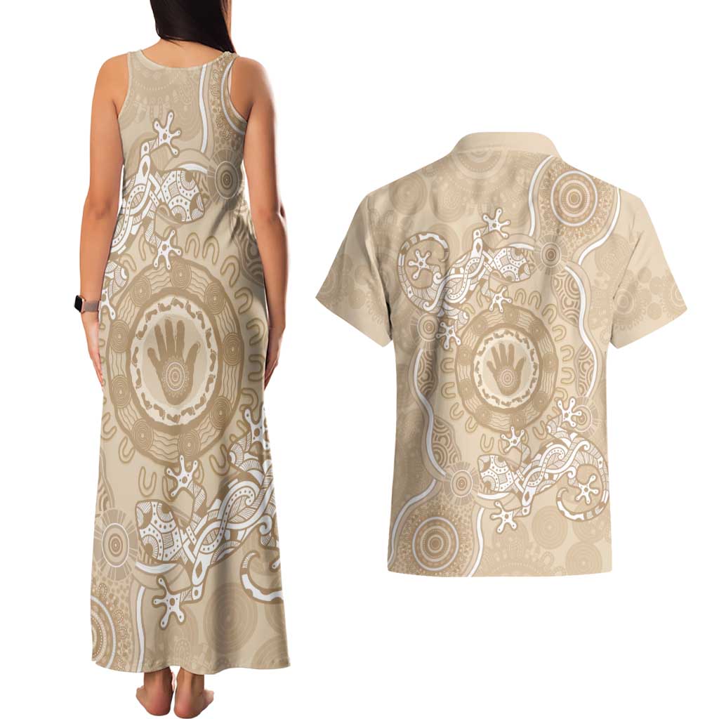 Beige Australia Lizard With Aboriginal Art Couples Matching Tank Maxi Dress and Hawaiian Shirt
