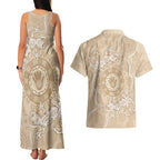 Beige Australia Lizard With Aboriginal Art Couples Matching Tank Maxi Dress and Hawaiian Shirt