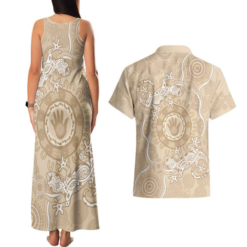 Beige Australia Lizard With Aboriginal Art Couples Matching Tank Maxi Dress and Hawaiian Shirt