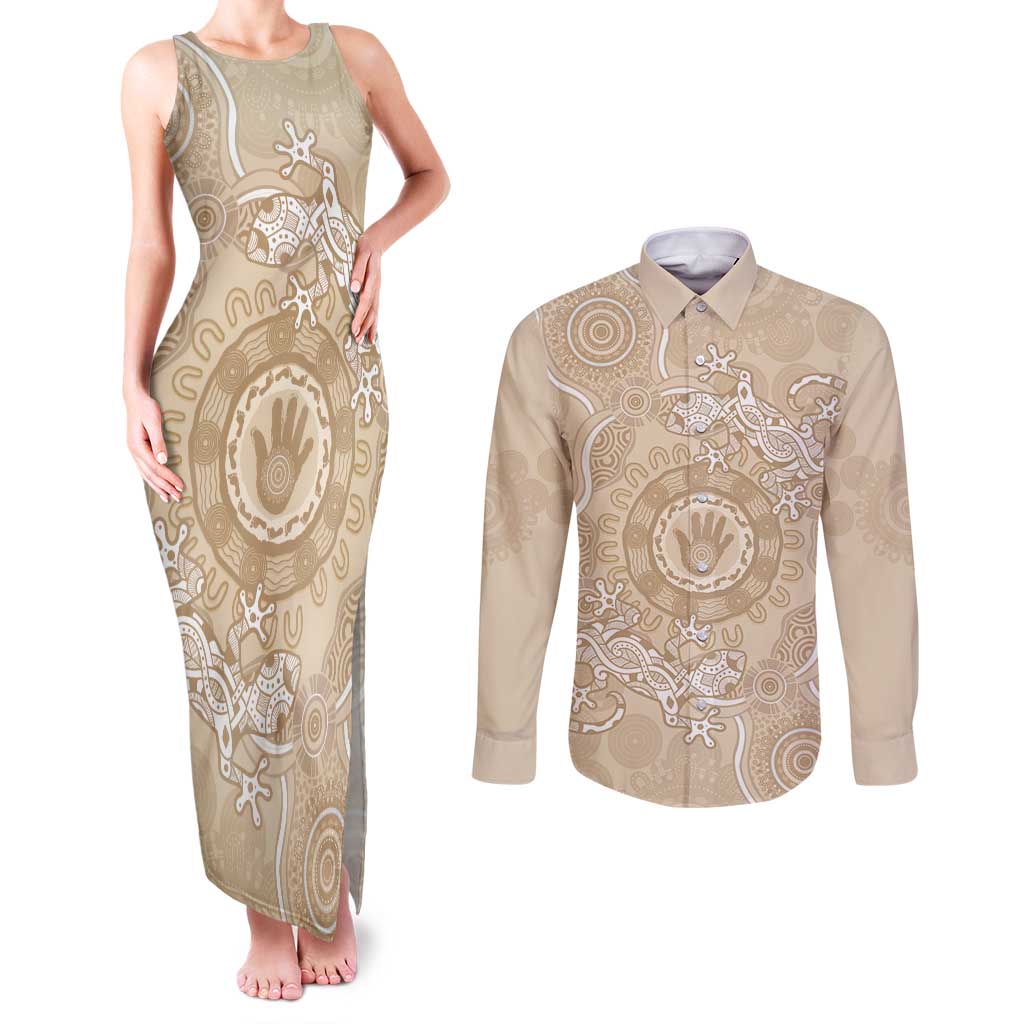 Beige Australia Lizard With Aboriginal Art Couples Matching Tank Maxi Dress and Long Sleeve Button Shirt