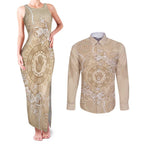 Beige Australia Lizard With Aboriginal Art Couples Matching Tank Maxi Dress and Long Sleeve Button Shirt