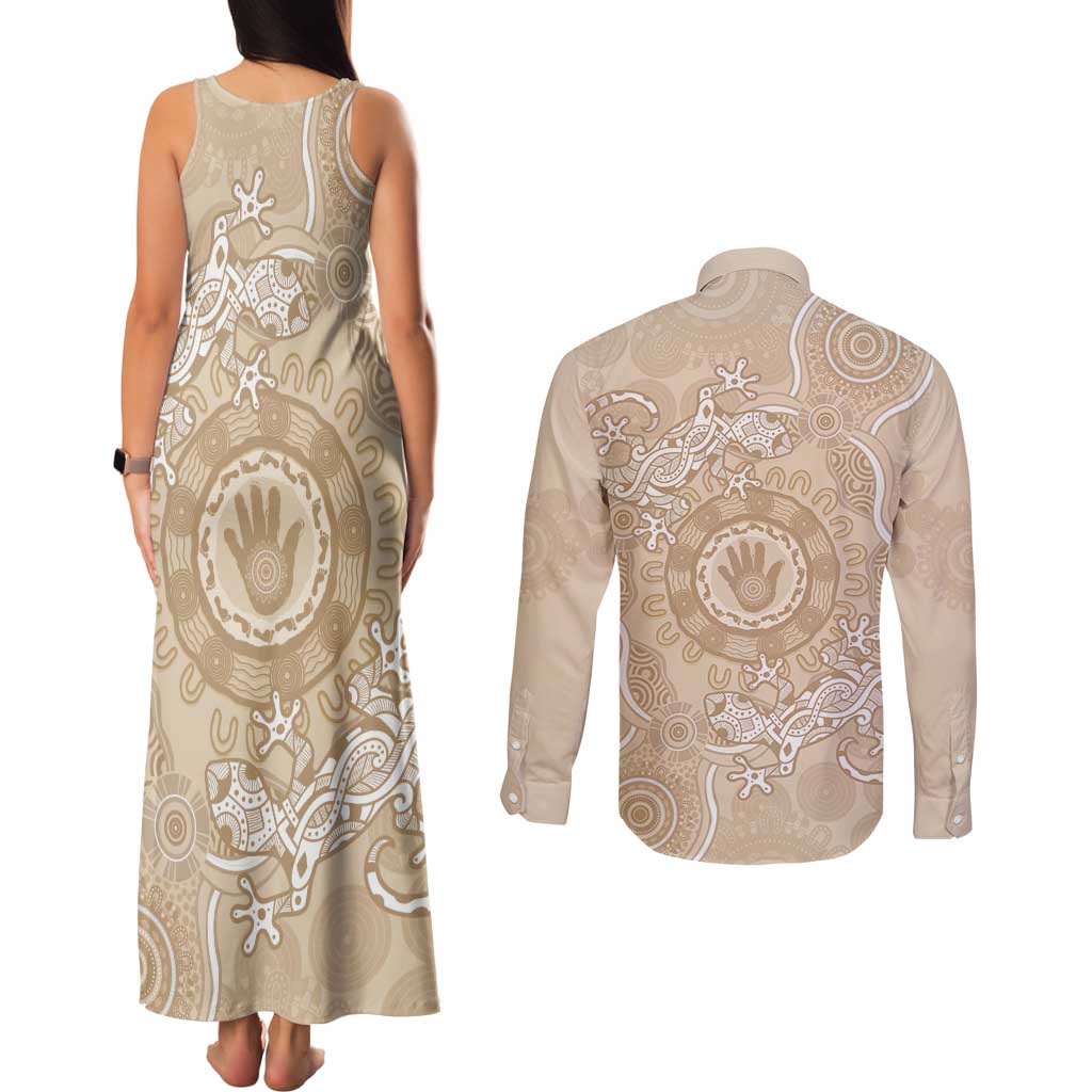 Beige Australia Lizard With Aboriginal Art Couples Matching Tank Maxi Dress and Long Sleeve Button Shirt
