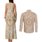 Beige Australia Lizard With Aboriginal Art Couples Matching Tank Maxi Dress and Long Sleeve Button Shirt