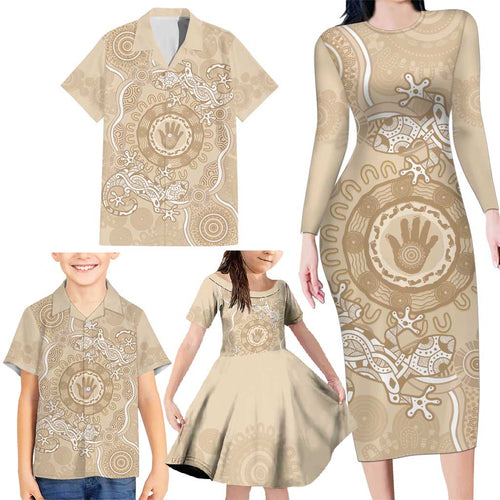 Beige Australia Lizard With Aboriginal Art Family Matching Long Sleeve Bodycon Dress and Hawaiian Shirt