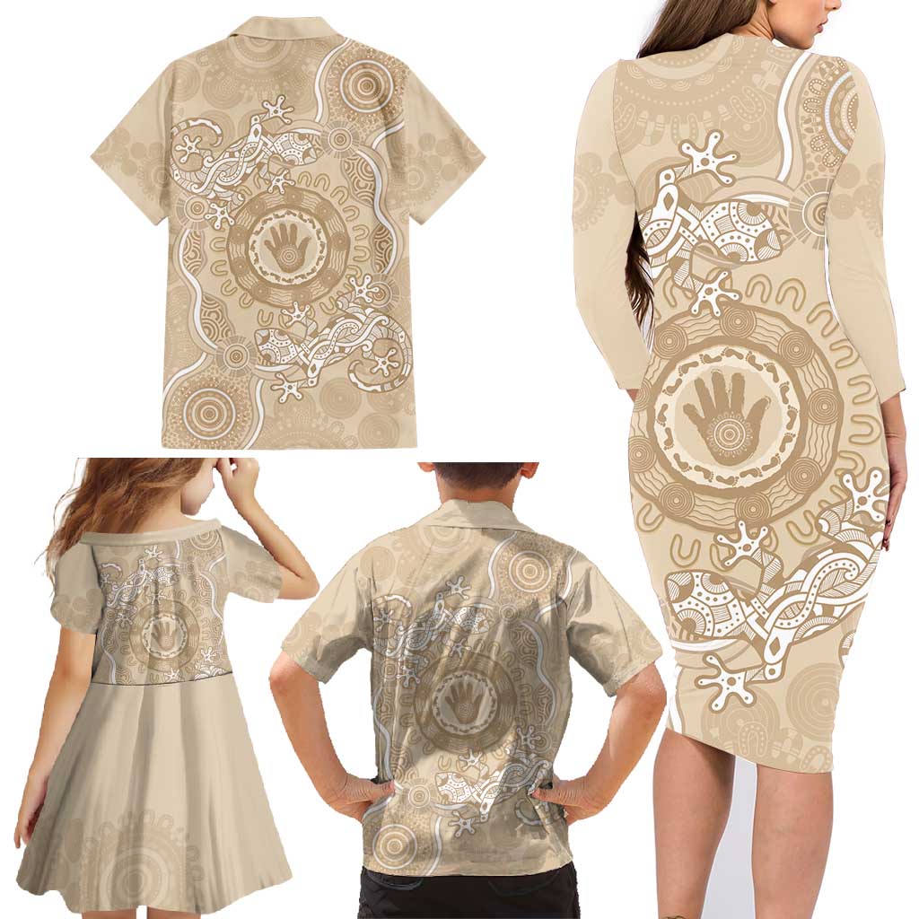Beige Australia Lizard With Aboriginal Art Family Matching Long Sleeve Bodycon Dress and Hawaiian Shirt