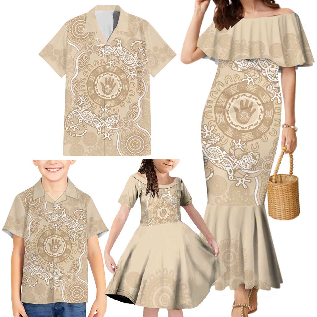 Beige Australia Lizard With Aboriginal Art Family Matching Mermaid Dress and Hawaiian Shirt