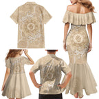 Beige Australia Lizard With Aboriginal Art Family Matching Mermaid Dress and Hawaiian Shirt