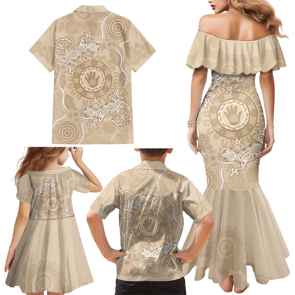Beige Australia Lizard With Aboriginal Art Family Matching Mermaid Dress and Hawaiian Shirt