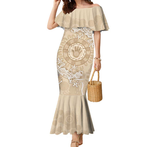Beige Australia Lizard With Aboriginal Art Family Matching Mermaid Dress and Hawaiian Shirt