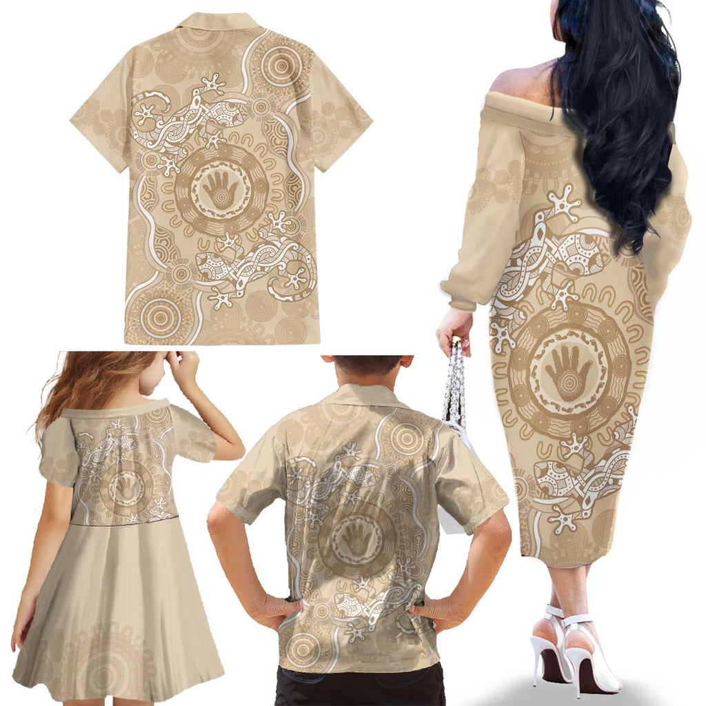 Beige Australia Lizard With Aboriginal Art Family Matching Off The Shoulder Long Sleeve Dress and Hawaiian Shirt
