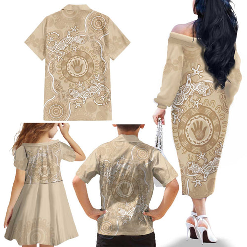 Beige Australia Lizard With Aboriginal Art Family Matching Off The Shoulder Long Sleeve Dress and Hawaiian Shirt
