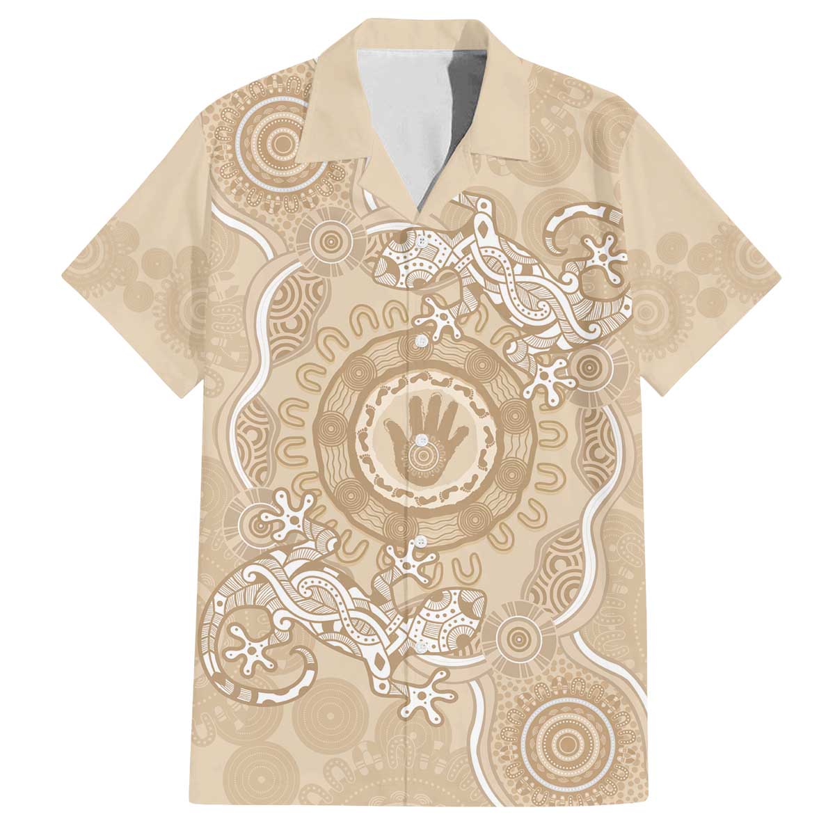 Beige Australia Lizard With Aboriginal Art Family Matching Off The Shoulder Long Sleeve Dress and Hawaiian Shirt