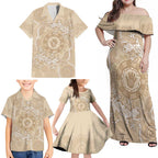 Beige Australia Lizard With Aboriginal Art Family Matching Off Shoulder Maxi Dress and Hawaiian Shirt