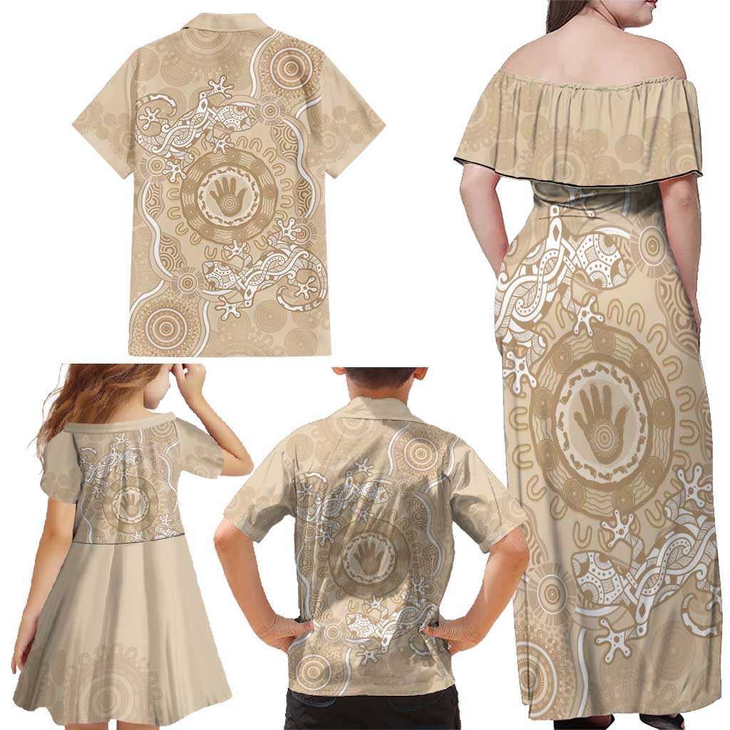 Beige Australia Lizard With Aboriginal Art Family Matching Off Shoulder Maxi Dress and Hawaiian Shirt