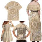 Beige Australia Lizard With Aboriginal Art Family Matching Off Shoulder Maxi Dress and Hawaiian Shirt