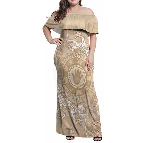 Beige Australia Lizard With Aboriginal Art Family Matching Off Shoulder Maxi Dress and Hawaiian Shirt