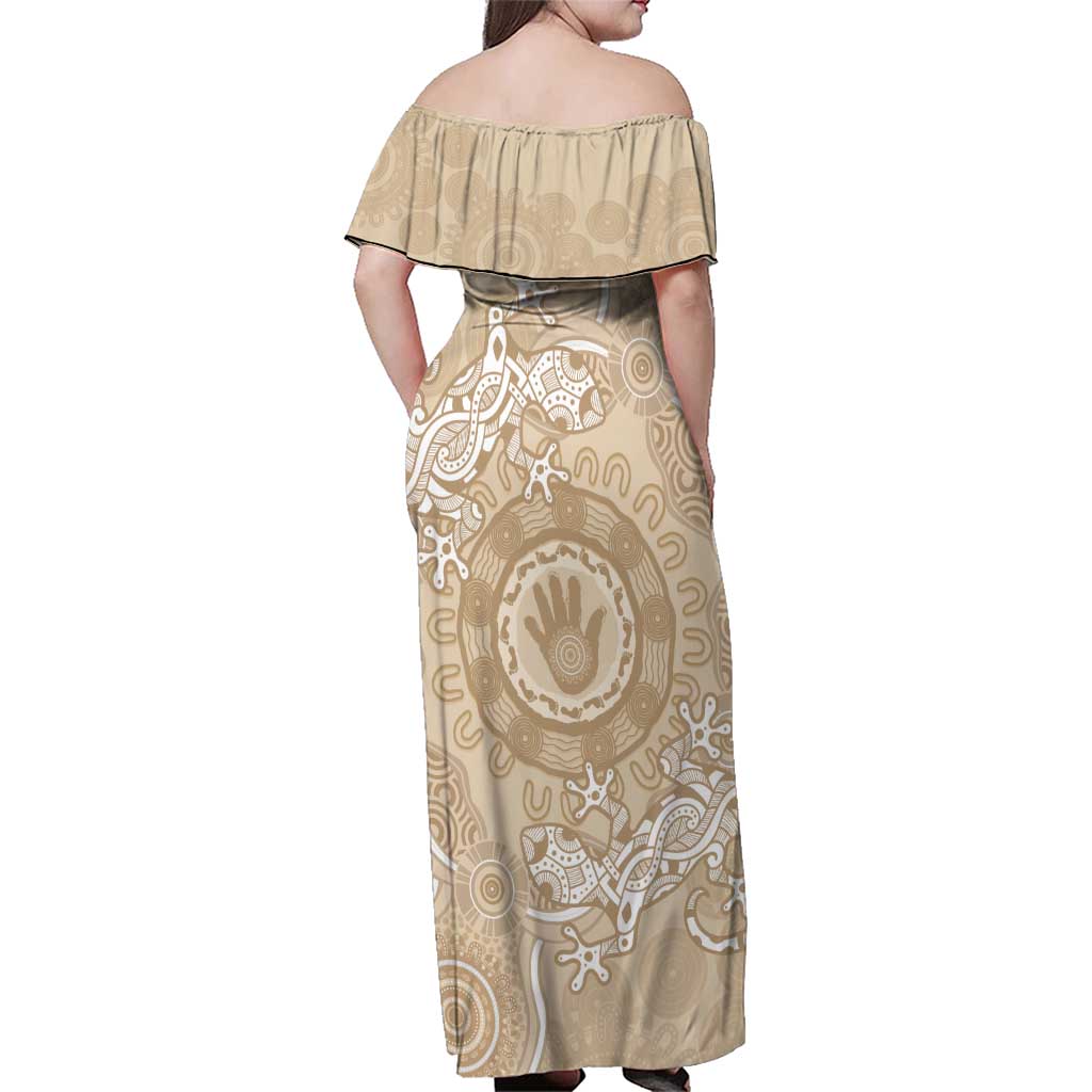 Beige Australia Lizard With Aboriginal Art Family Matching Off Shoulder Maxi Dress and Hawaiian Shirt