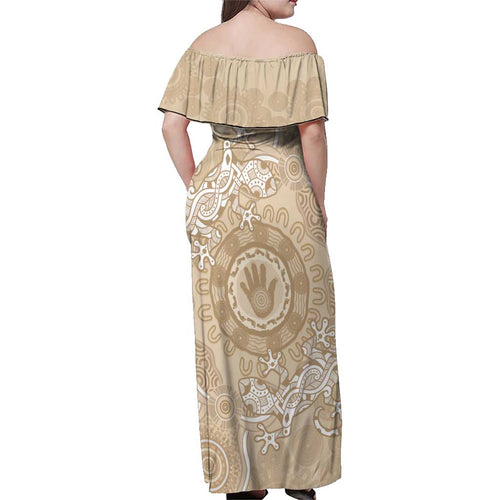 Beige Australia Lizard With Aboriginal Art Family Matching Off Shoulder Maxi Dress and Hawaiian Shirt